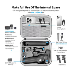 DJI OM 8 stored with tripod, mic, and accessories inside the combo case.