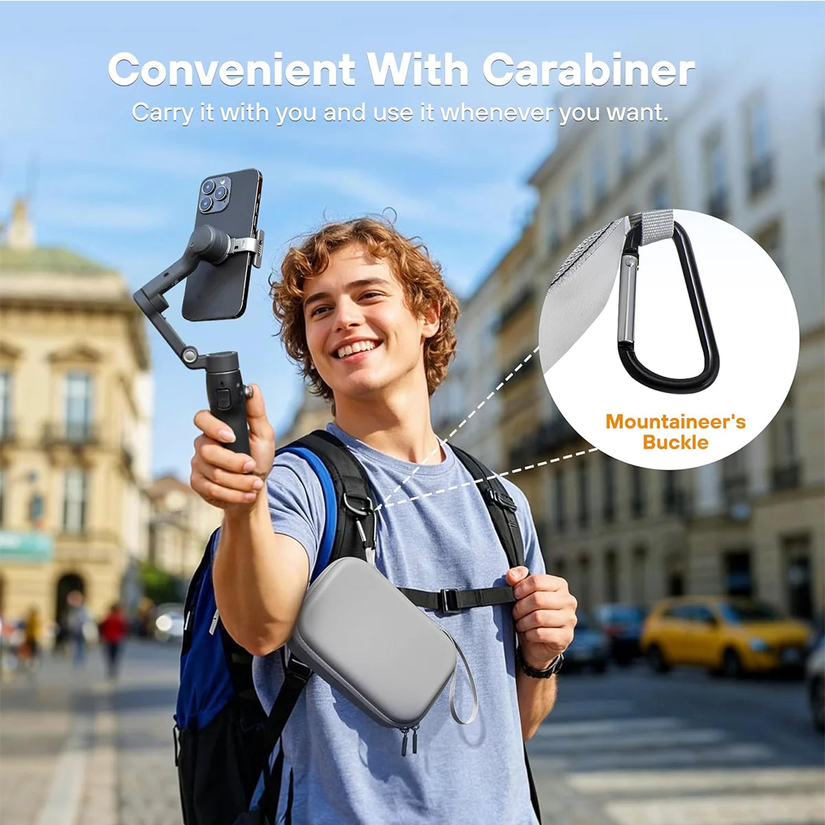 High-quality carabiner detail for DJI OM series gimbal pouch.