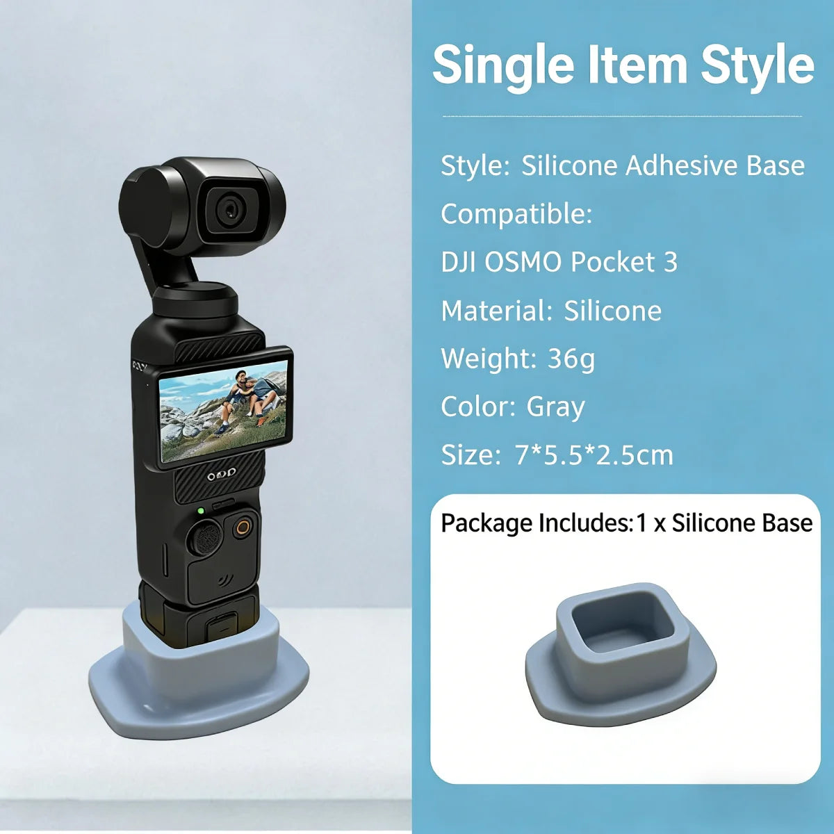 Gray silicone stand base for DJI Osmo Pocket 3.