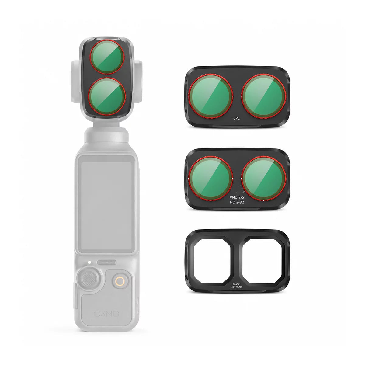 3-pack filters for DJI OSMO Pocket 4P including CPL, VND2-5, and Black Mist filters on white background