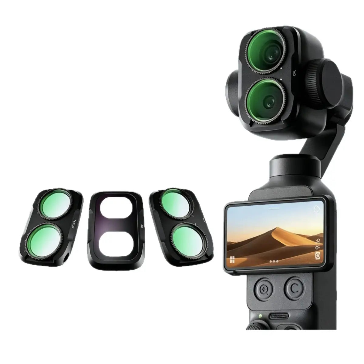 Quick release dual-lens filter installed on DJI Osmo Pocket 4P