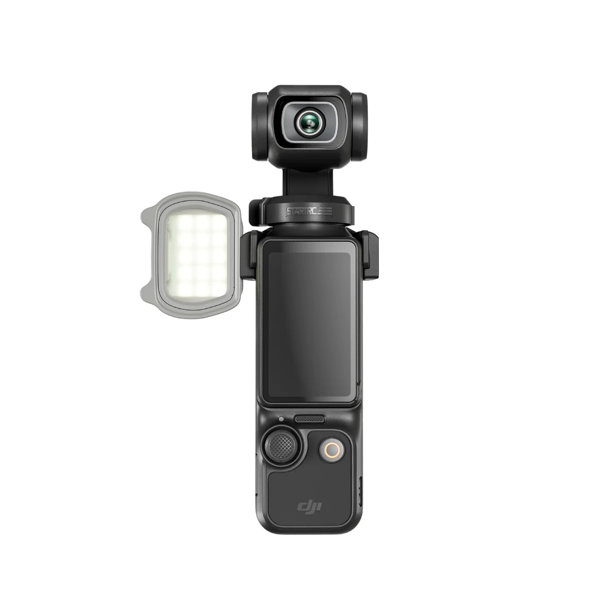 Mini fill light for DJI Pocket 3 mounted on a gimbal camera.