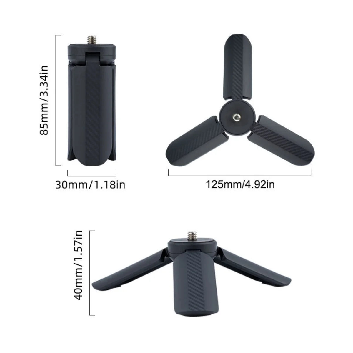 Size and dimension chart of the 90mm compact camera stand.