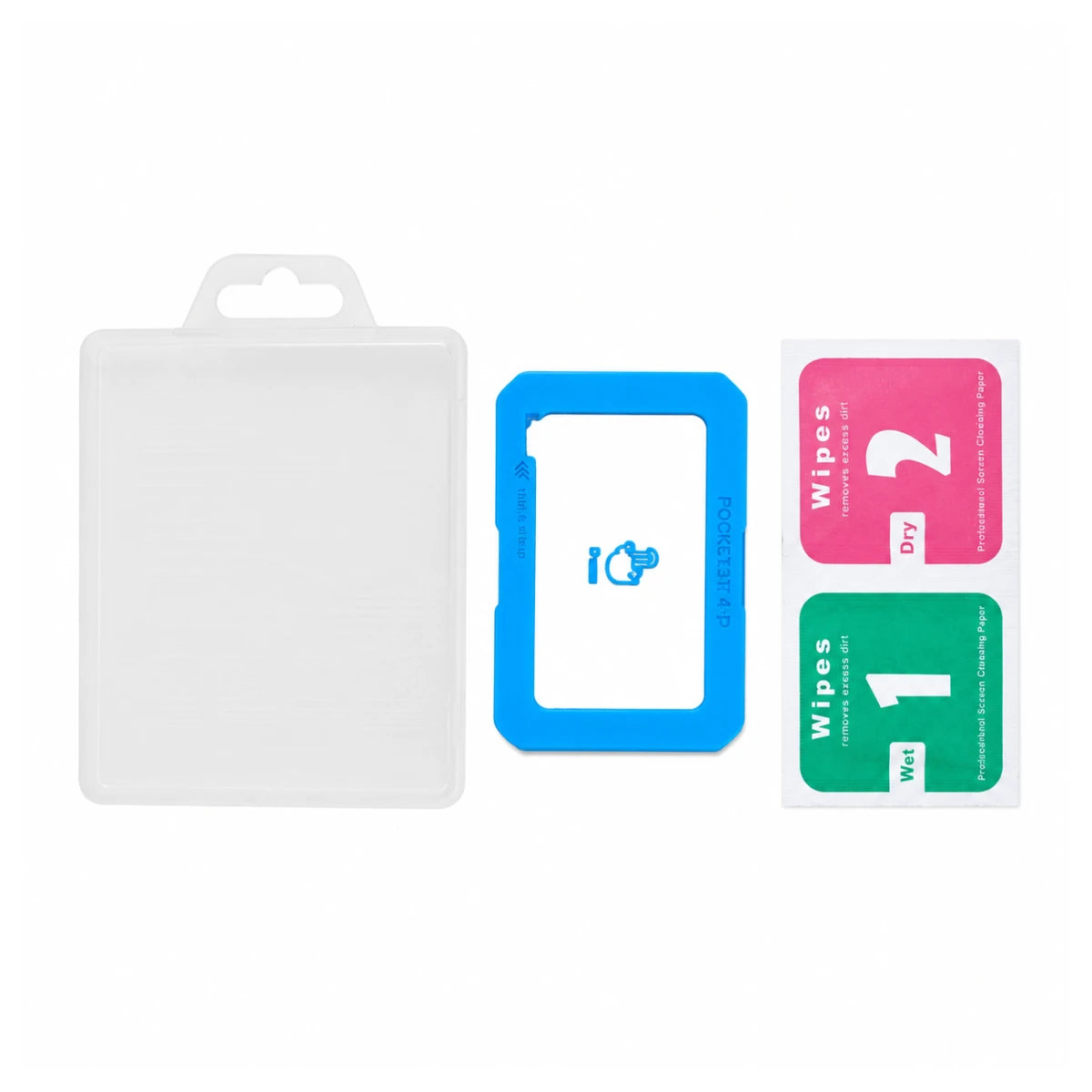 DJI Pocket 4 Pro screen protector package contents with tempered glass storage box and cleaning kits