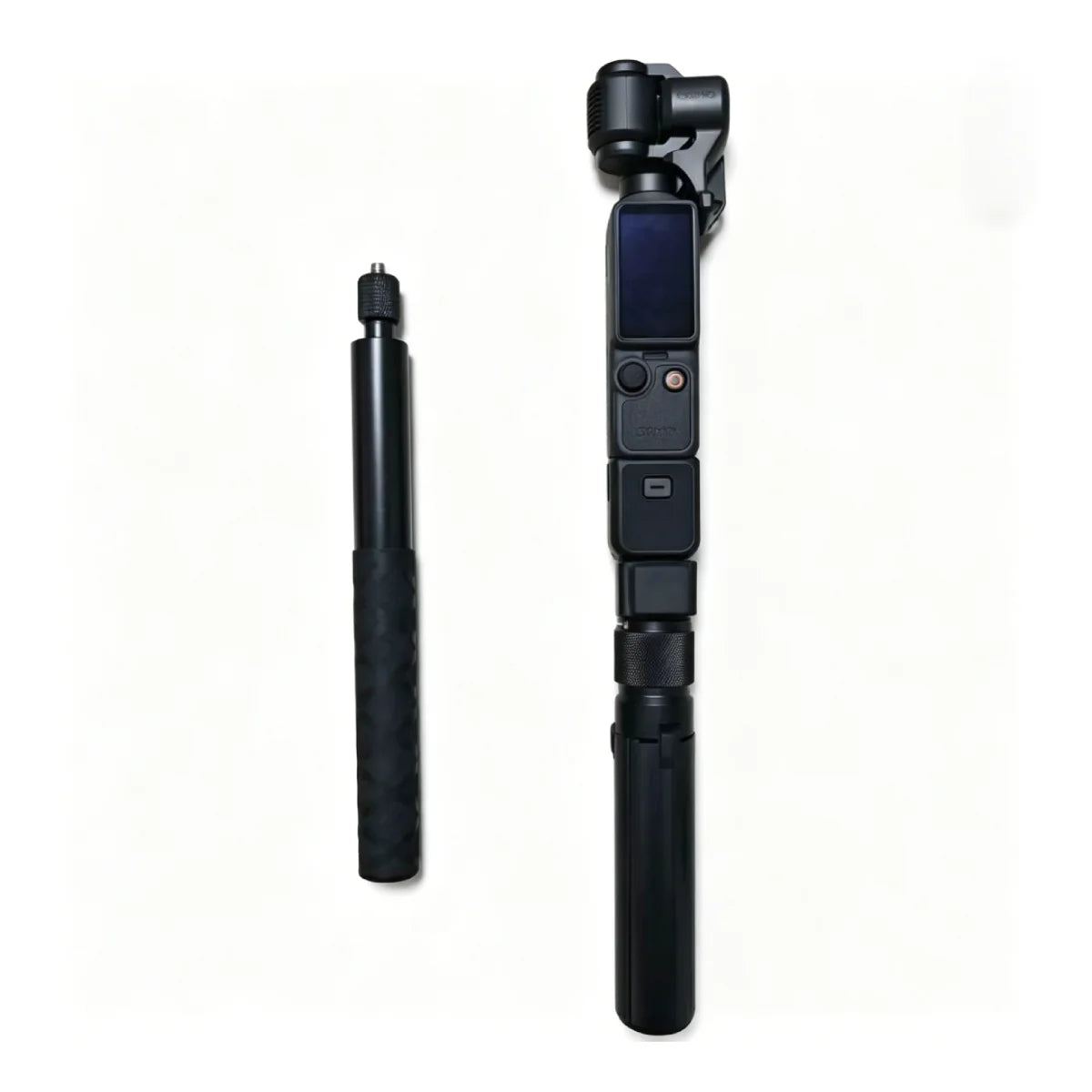 DJI Pocket 4 mounted on the extendable selfie stick for vlogging.