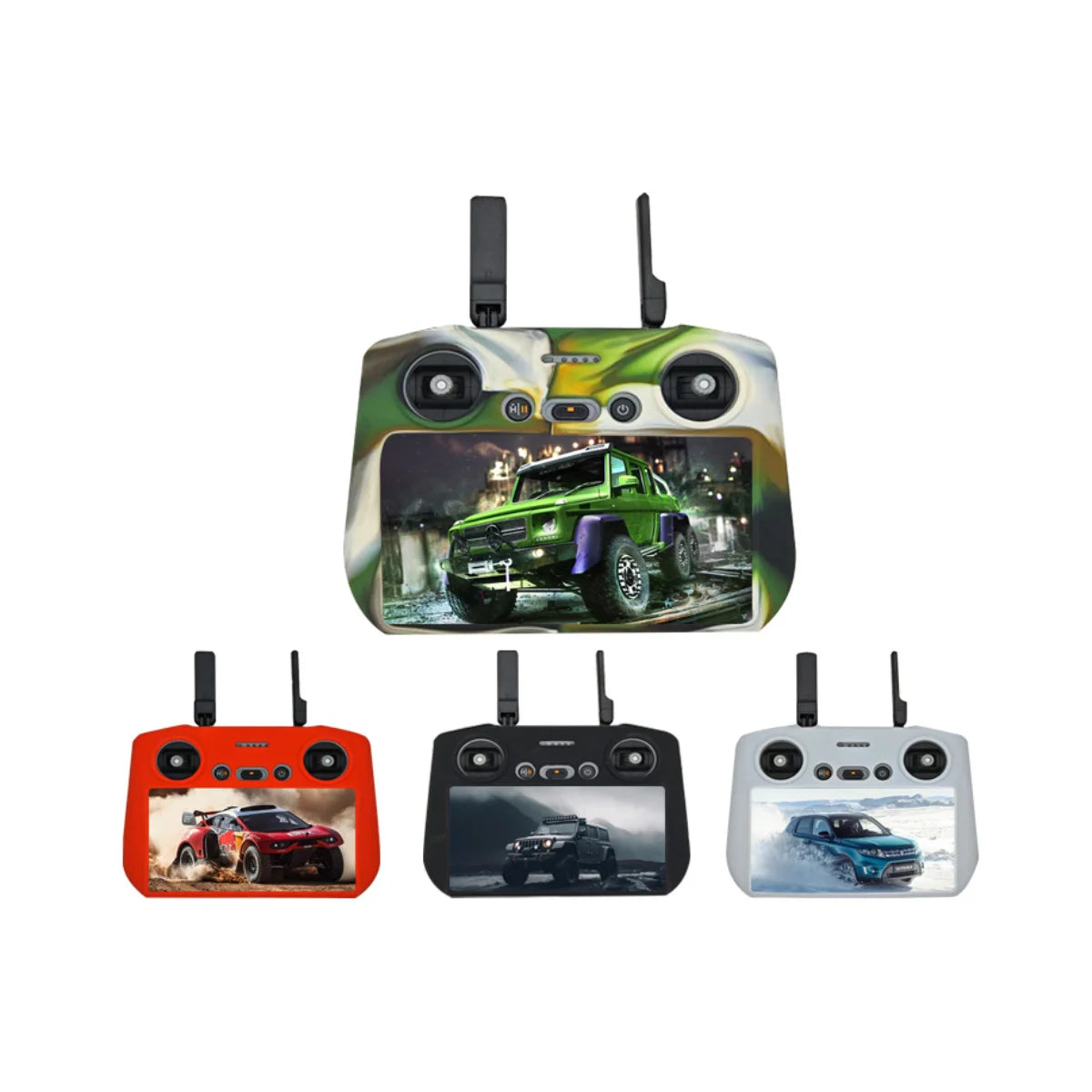 DJI RC 2 silicone protective cover collection in black, grey, red, and camouflage.