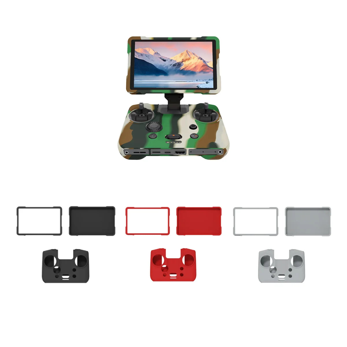 DJI RC Pro 2 silicone protective case 3-piece set in various colors.