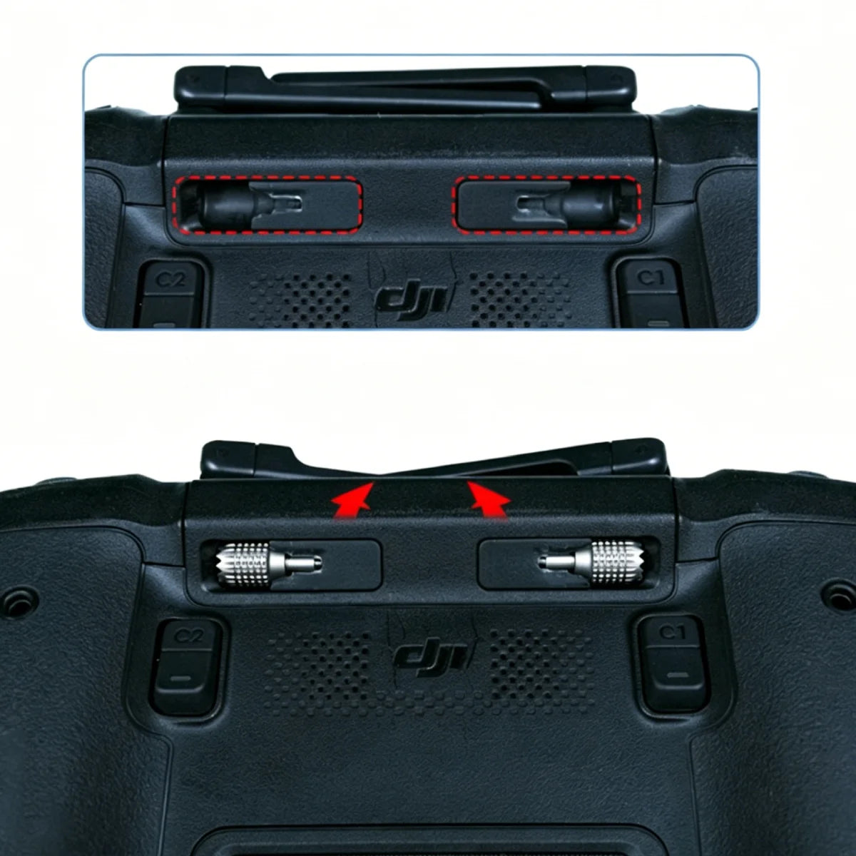 Grey aluminum thumb sticks for DJI RC Pro stored in the original controller slots.