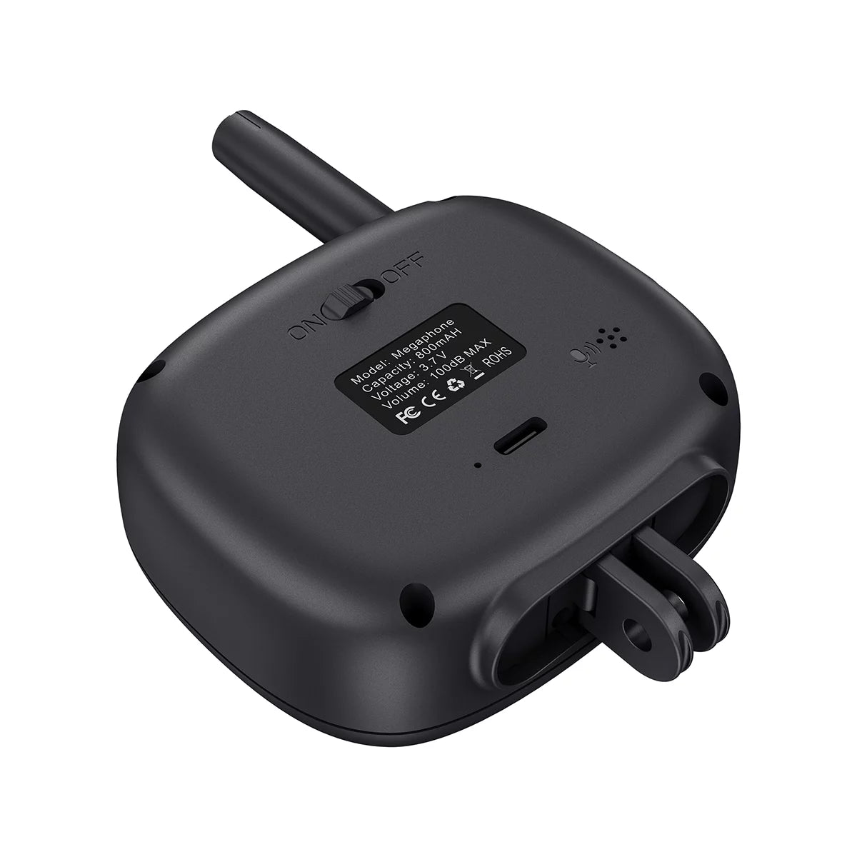 Rear view of the drone speaker showing secure mounting bracket and Type-C port.