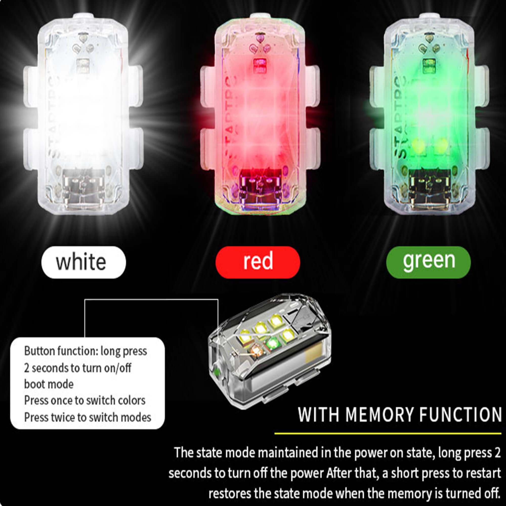 Drone strobe light LED modes with white red and green flashing lights