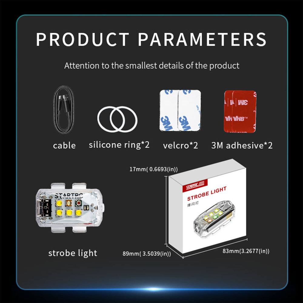 Drone strobe light package contents including strobe light, silicone bands, hook-and-loop straps, 3M adhesive pads, USB charging cable and user manual
