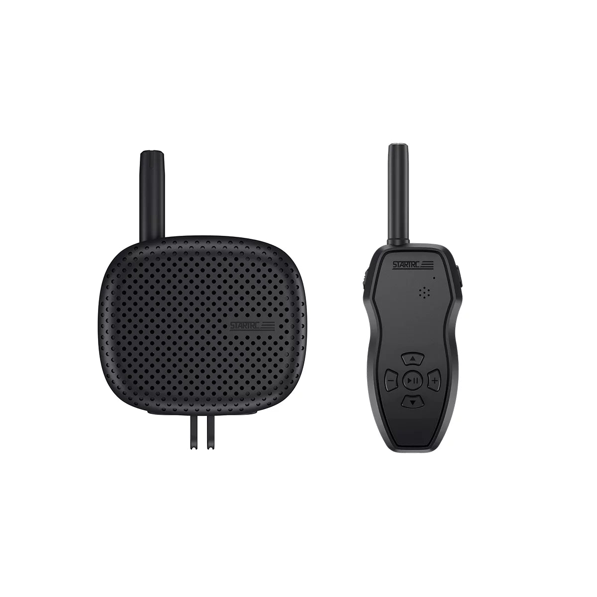 Visual display of the wireless drone speaker and the handheld transmitter unit.