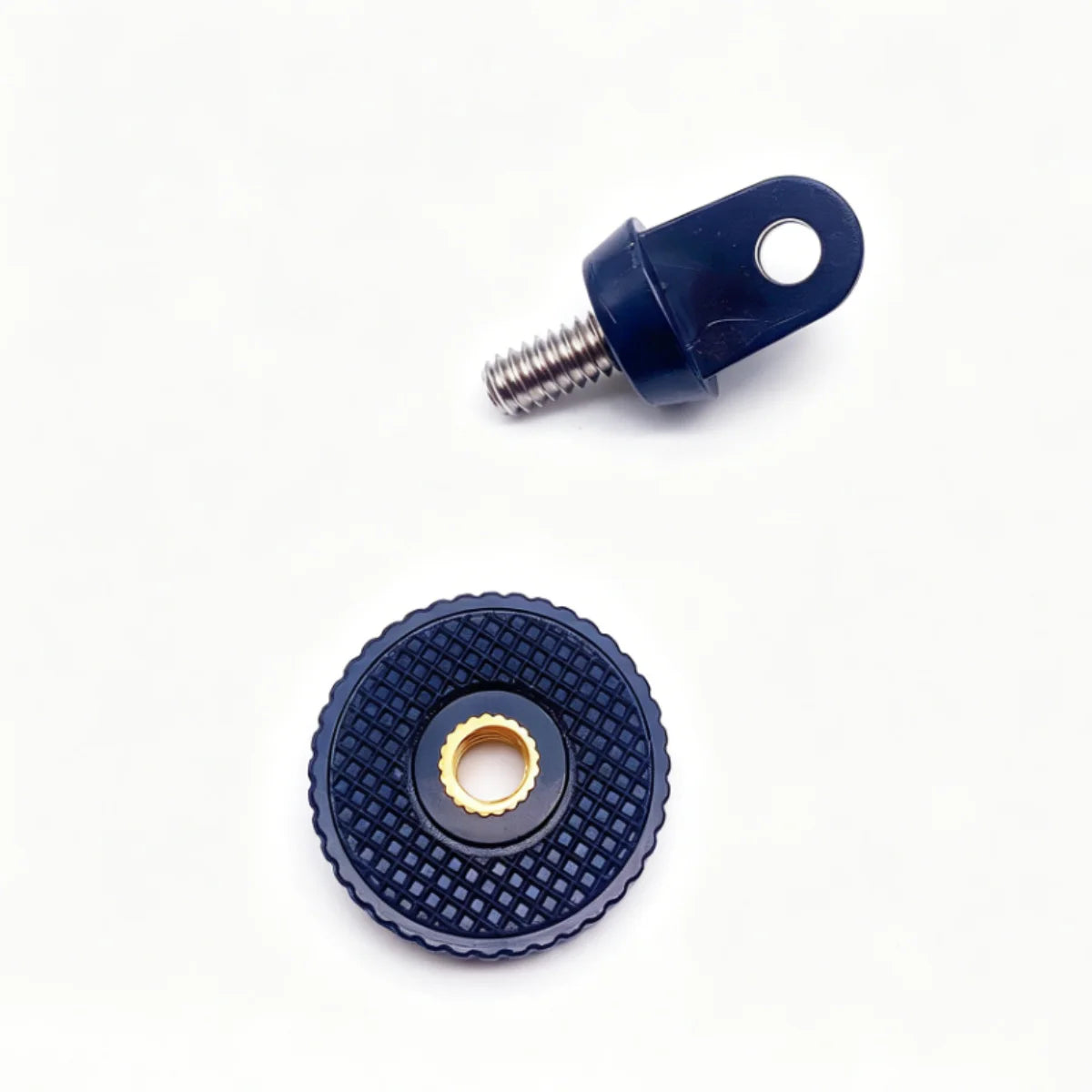 Exploded view showing the assembly of the action camera tripod mount adapter.