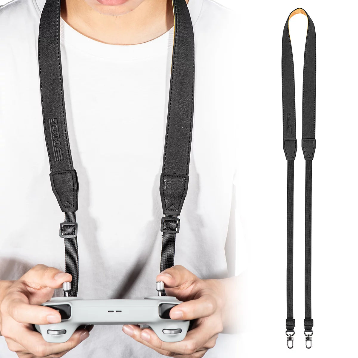 Drone pilot wearing the comfortable DJI RC neck strap during outdoor flight.