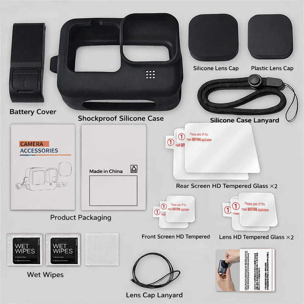 Detailed package list: 2x tempered glass sets, silicone case, lens cap, side cover, and lanyard.