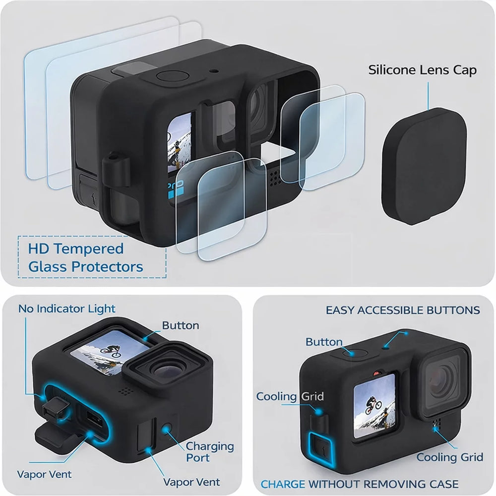 Quick-access battery side cover for GoPro 13 allowing charging without removing the case.