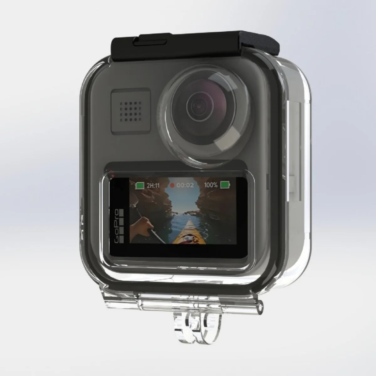 GoPro MAX camera installed inside the AeroFocus waterproof housing.