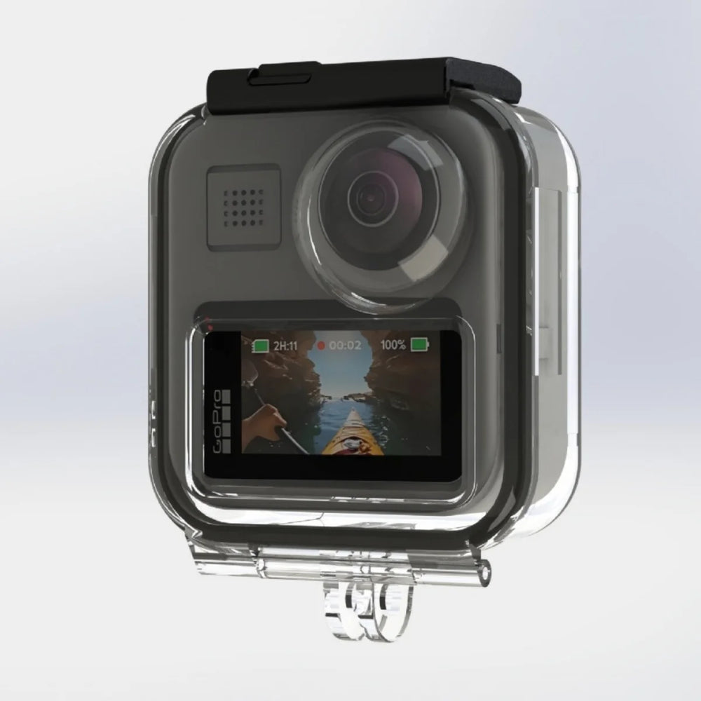 GoPro MAX camera installed inside the AeroFocus waterproof housing.