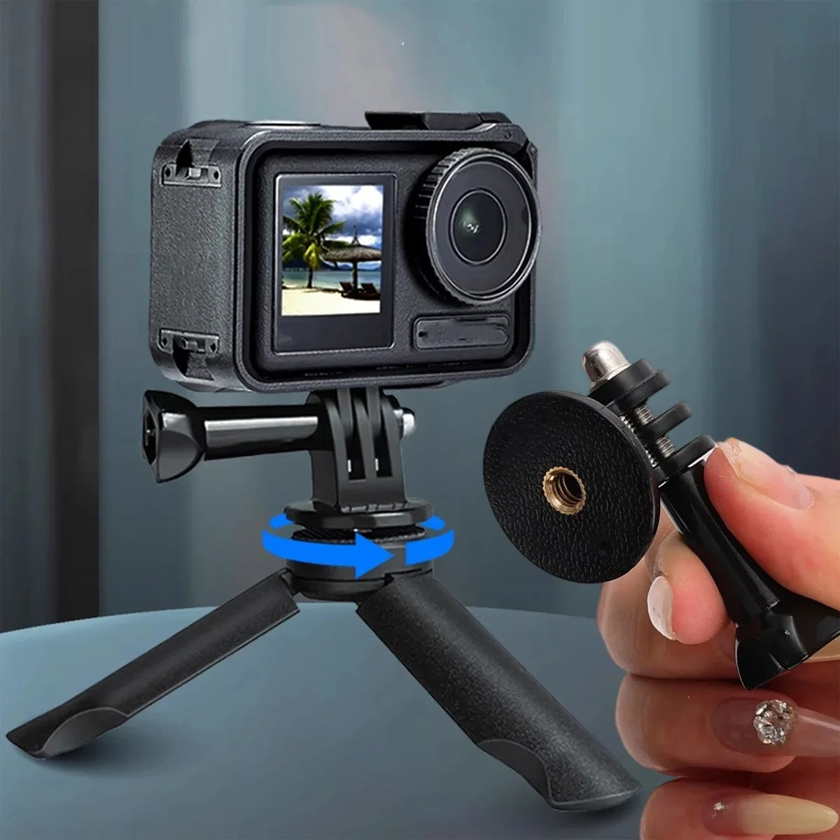 Action camera attached to a standard camera tripod using the adapter.