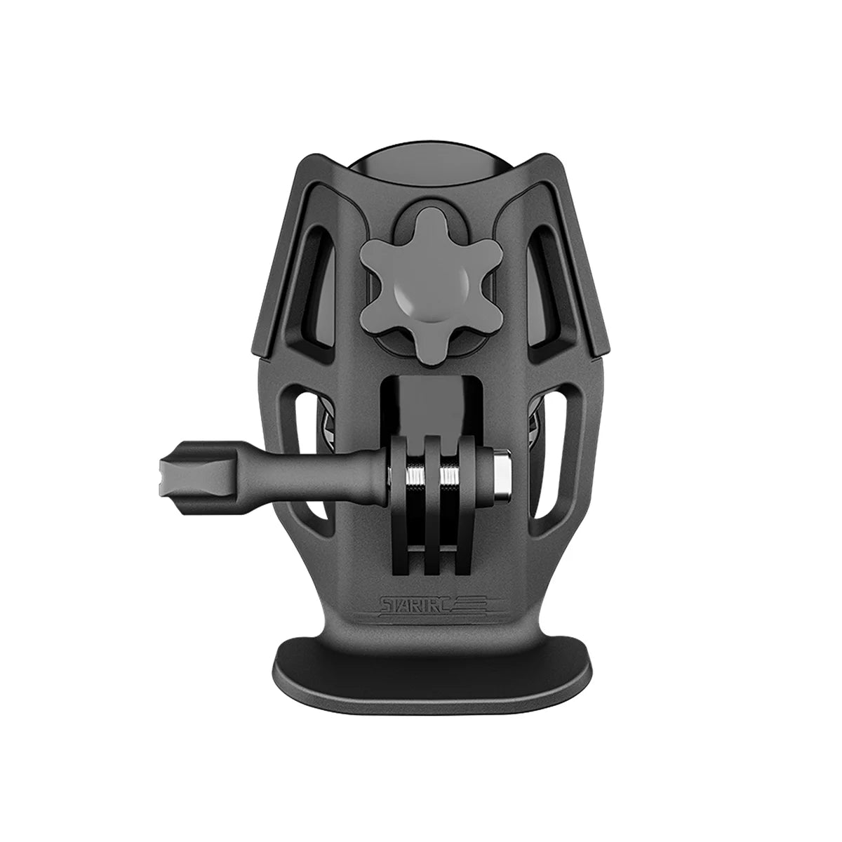 Top-down view of the secure helmet camera clamp showing adjustable screw mechanism.