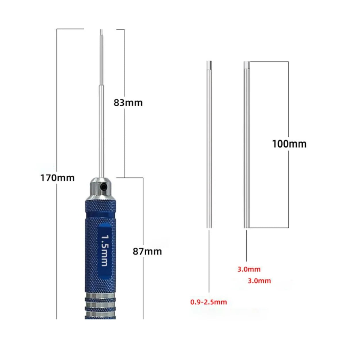 Hex screwdriver size chart 1.5mm 2.0mm 2.5mm 3.0mm