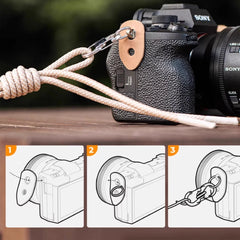 Step-by-step guide on converting the bag strap into a camera neck strap.