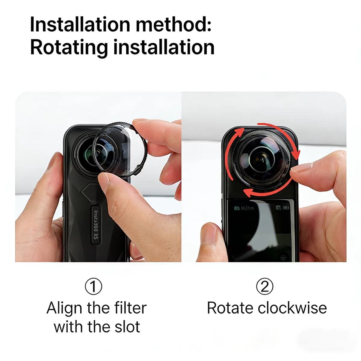 Simple twist-on installation guide for Insta360 X5 UV lens guards.