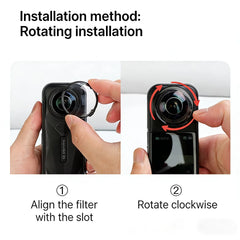Simple twist-on installation guide for Insta360 X5 UV lens guards.
