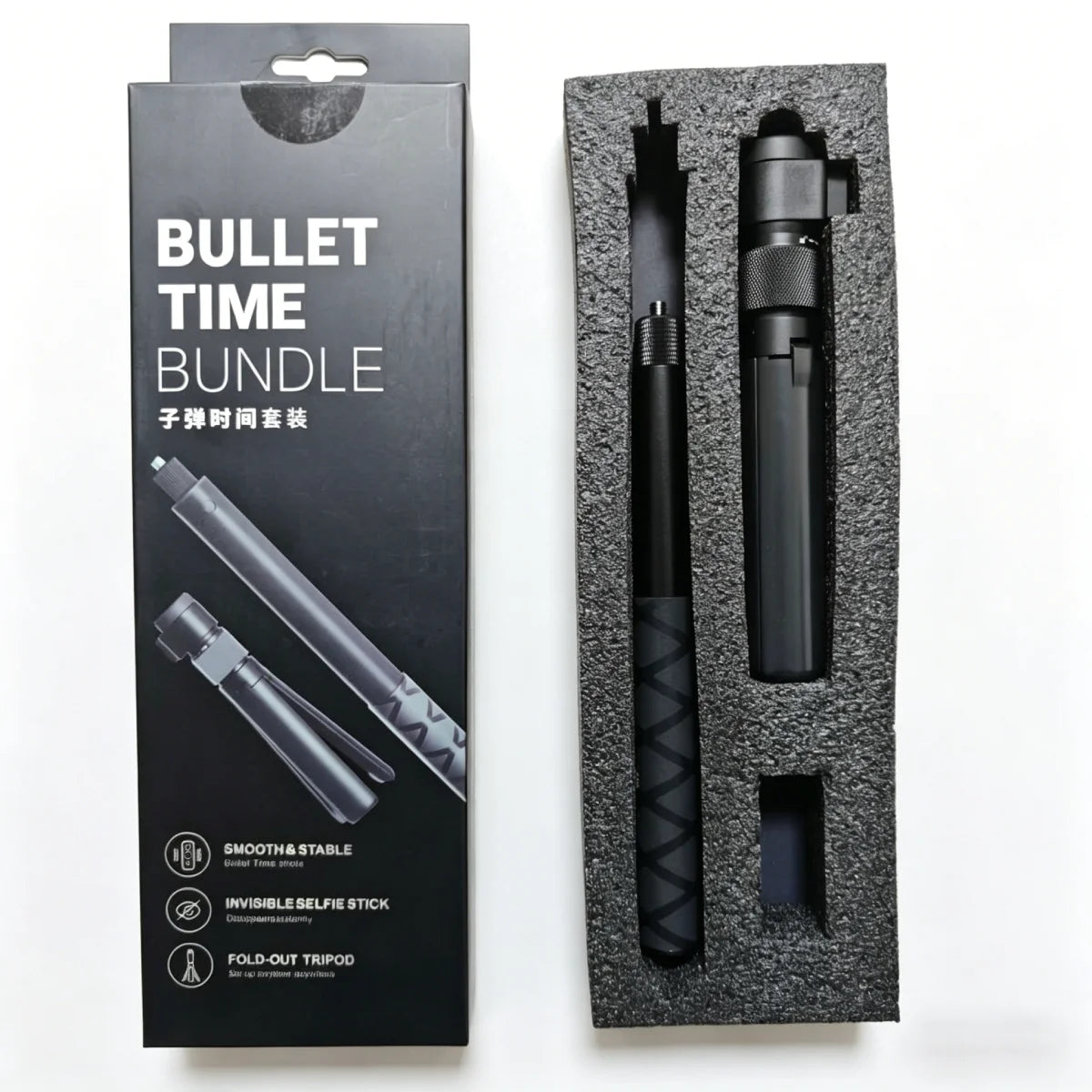 Retail box packaging for the Insta360 bullet time selfie stick kit.
