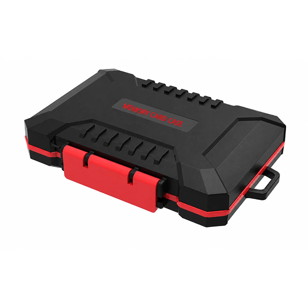 Black and red memory card storage case shown horizontally