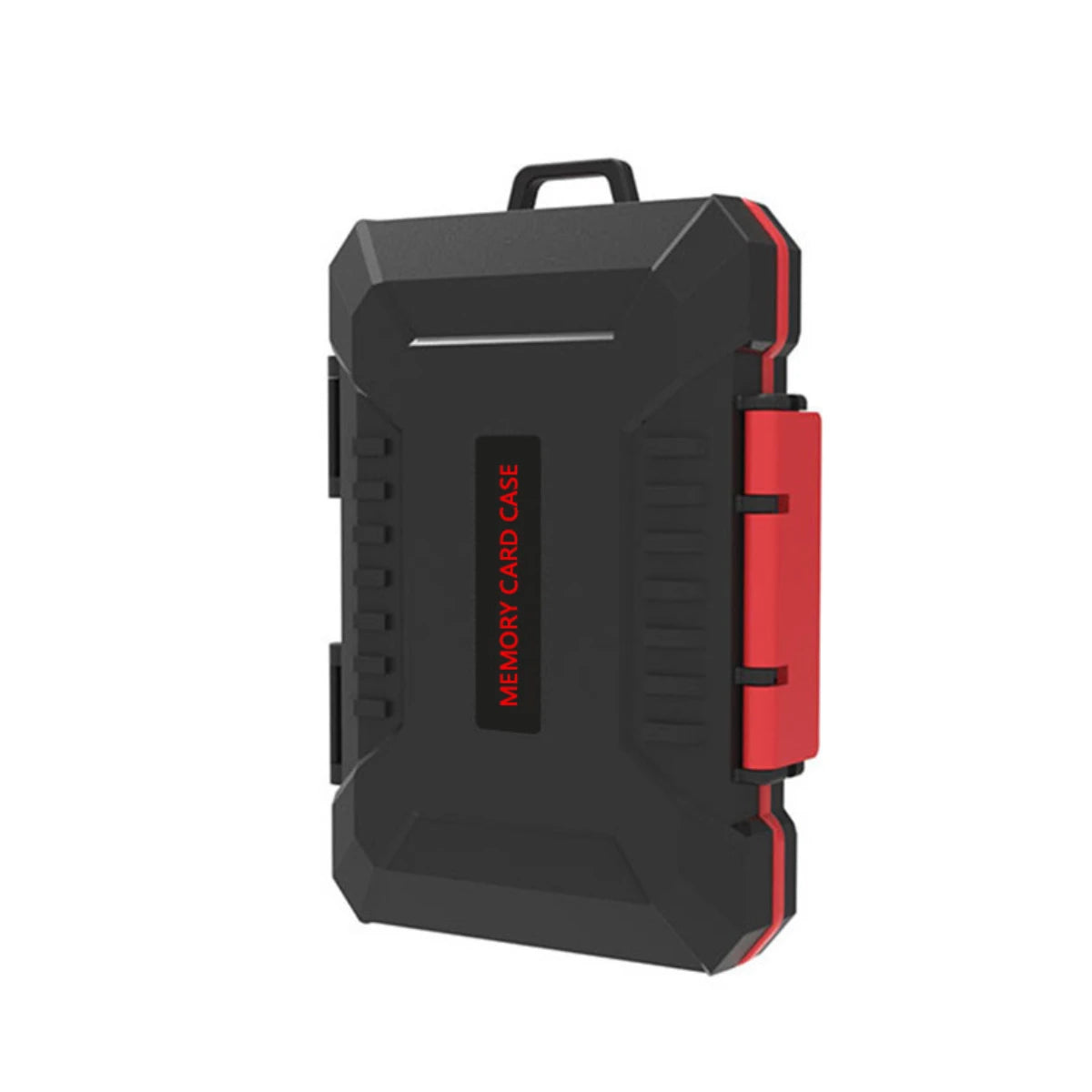 Black and red memory card storage case standing vertically