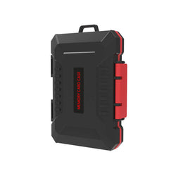 Black and red memory card storage case standing vertically