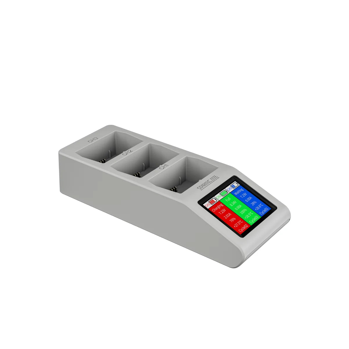 Single unit view of the 3-port battery charger for DJI Mini 4 Pro.