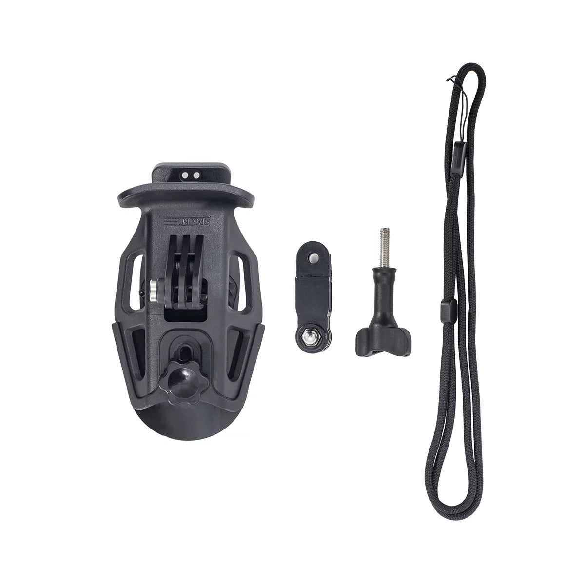 Product package contents including helmet clamp, M5 screws, and safety tether.