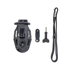 Product package contents including helmet clamp, M5 screws, and safety tether.
