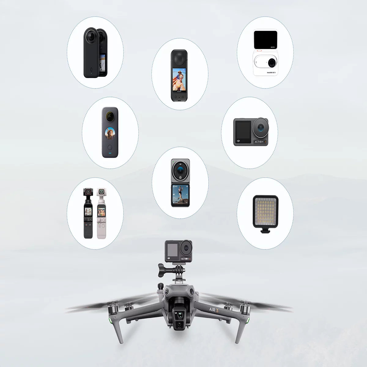 How to mount Insta360 X5 or GoPro Hero 13 on DJI Air 3S using the top bracket.