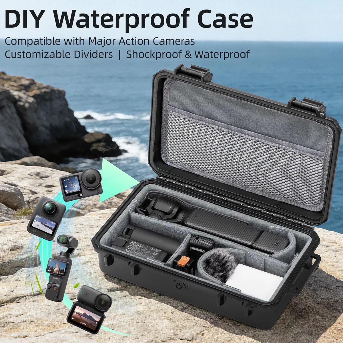 Demonstration of DIY case compatibility with GoPro, Insta360, and DJI Action cameras.