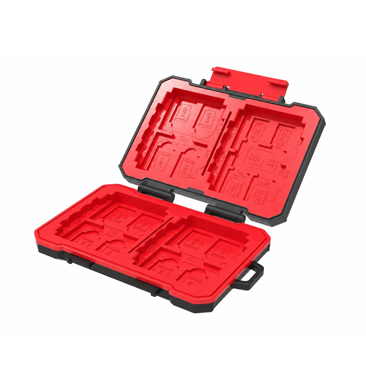 Empty multi-format memory card case with organized storage slots
