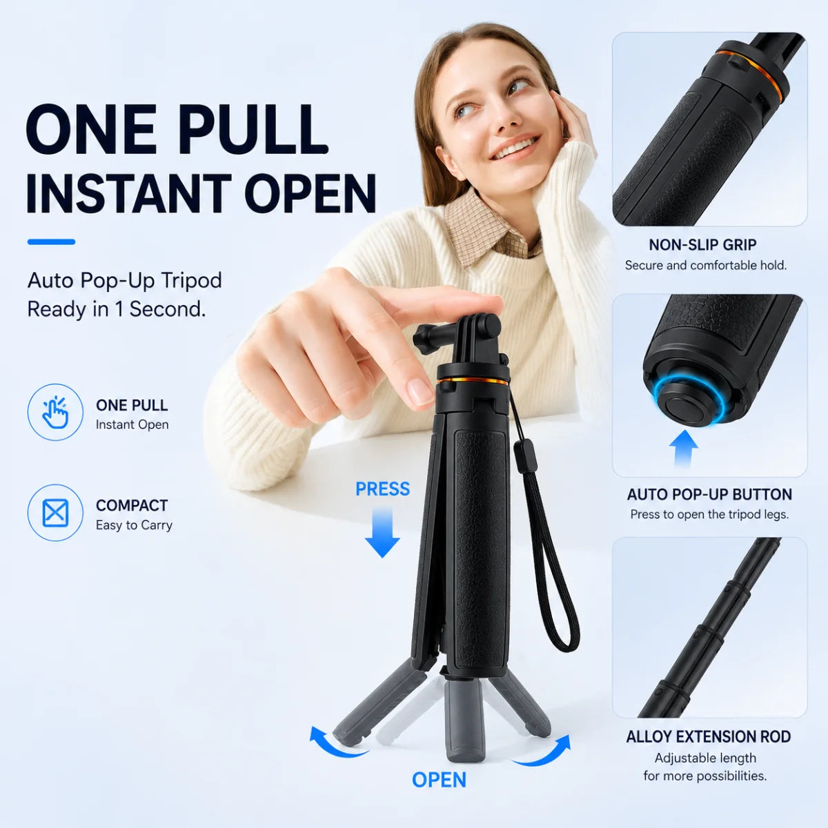 One click button for instant tripod deployment