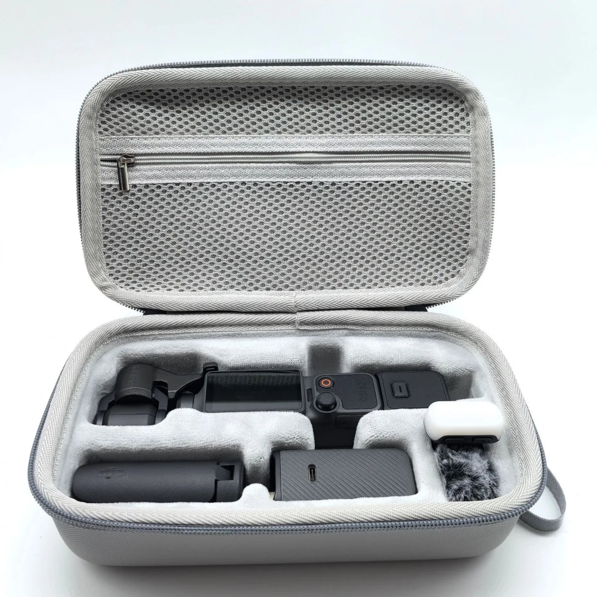 Grey Osmo Pocket 4 carrying bag with full vlogging kit stored securely.
