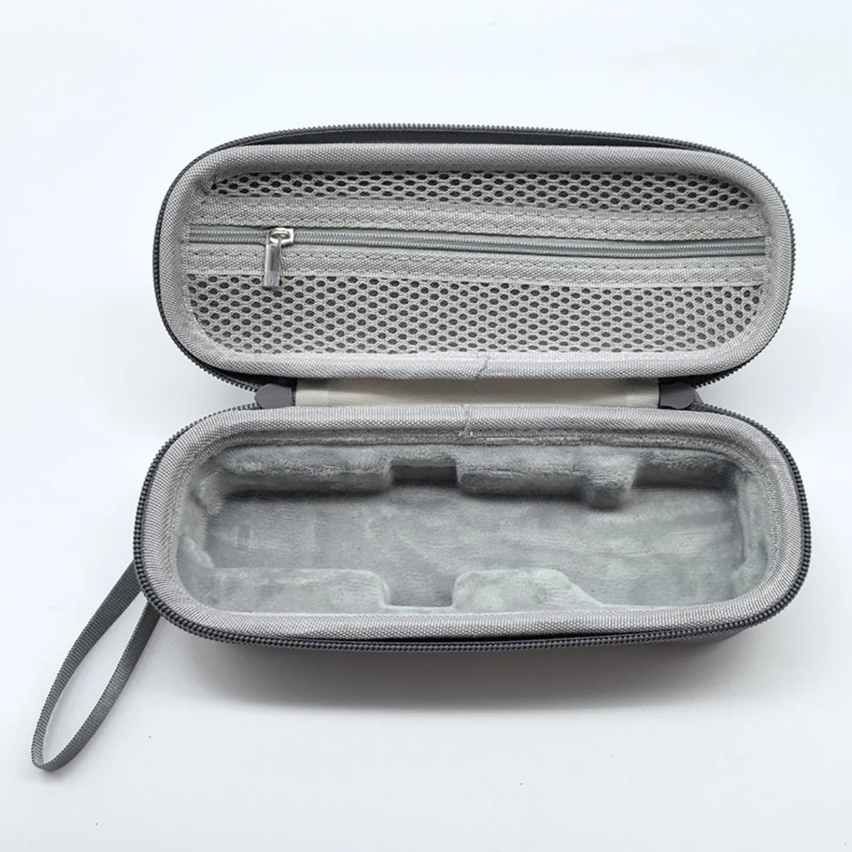 Empty grey storage bag showing precision-molded EVA and velvet lining.