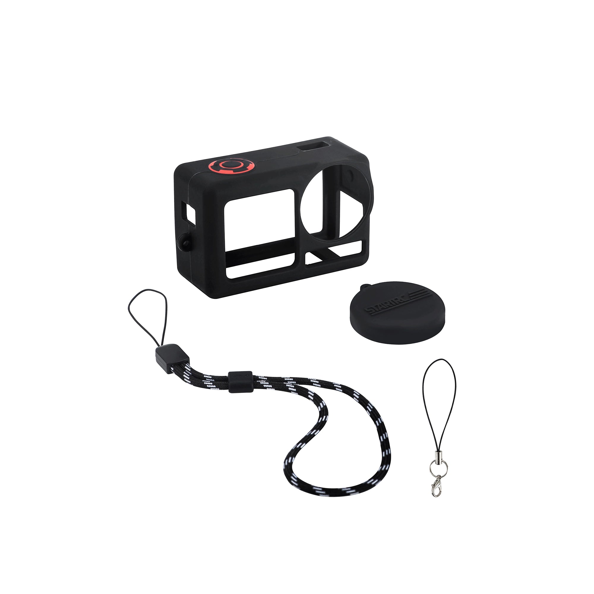 Package contents: Silicone case, lens cap, lanyards, and hand strap.