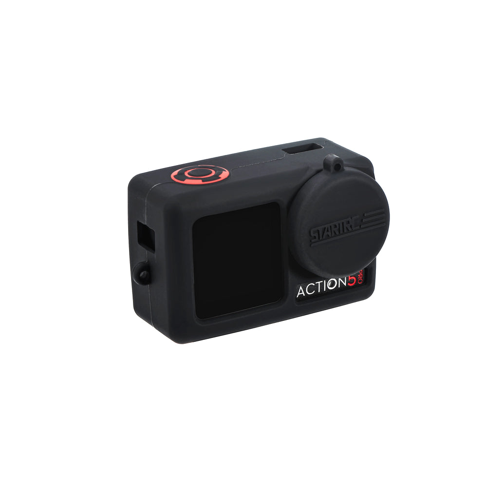 Tethered lens cap protection for DJI Osmo Action 5 Pro.