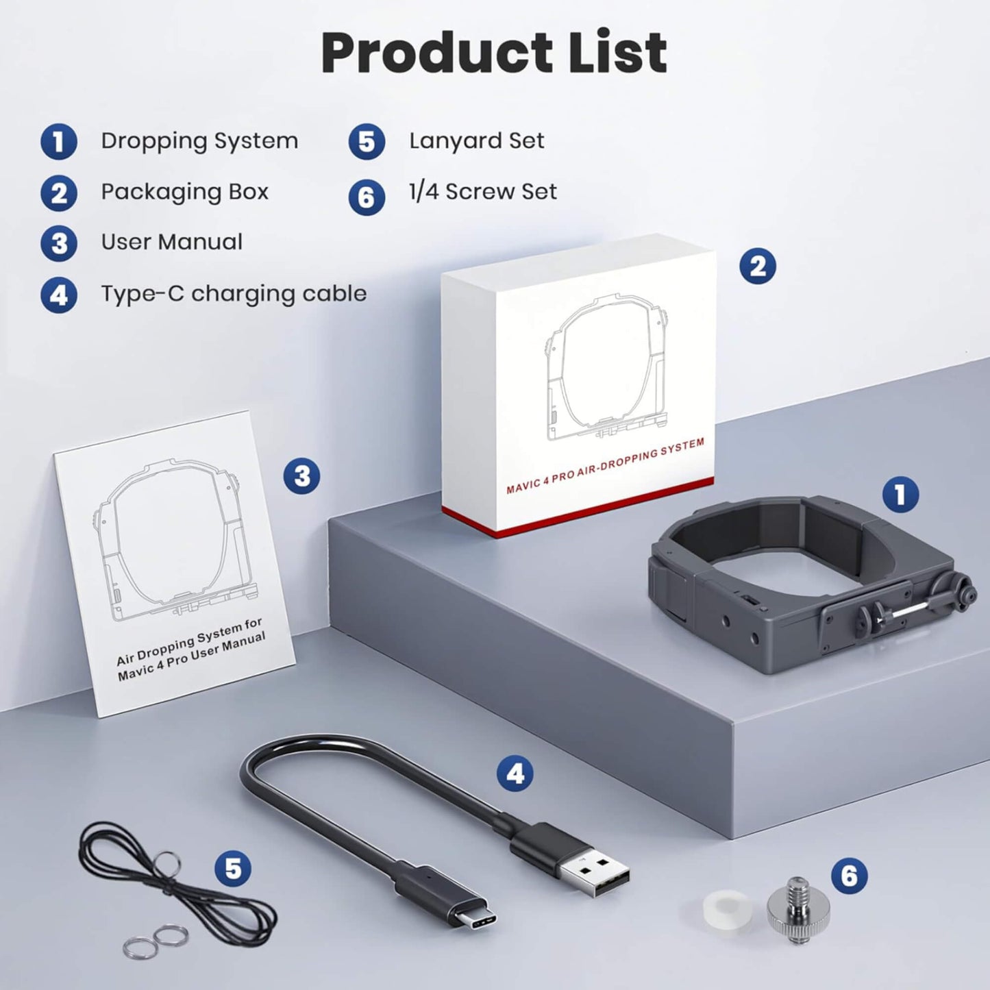 Package contents of STARTRC air dropping system for DJI Mavic 4 Pro