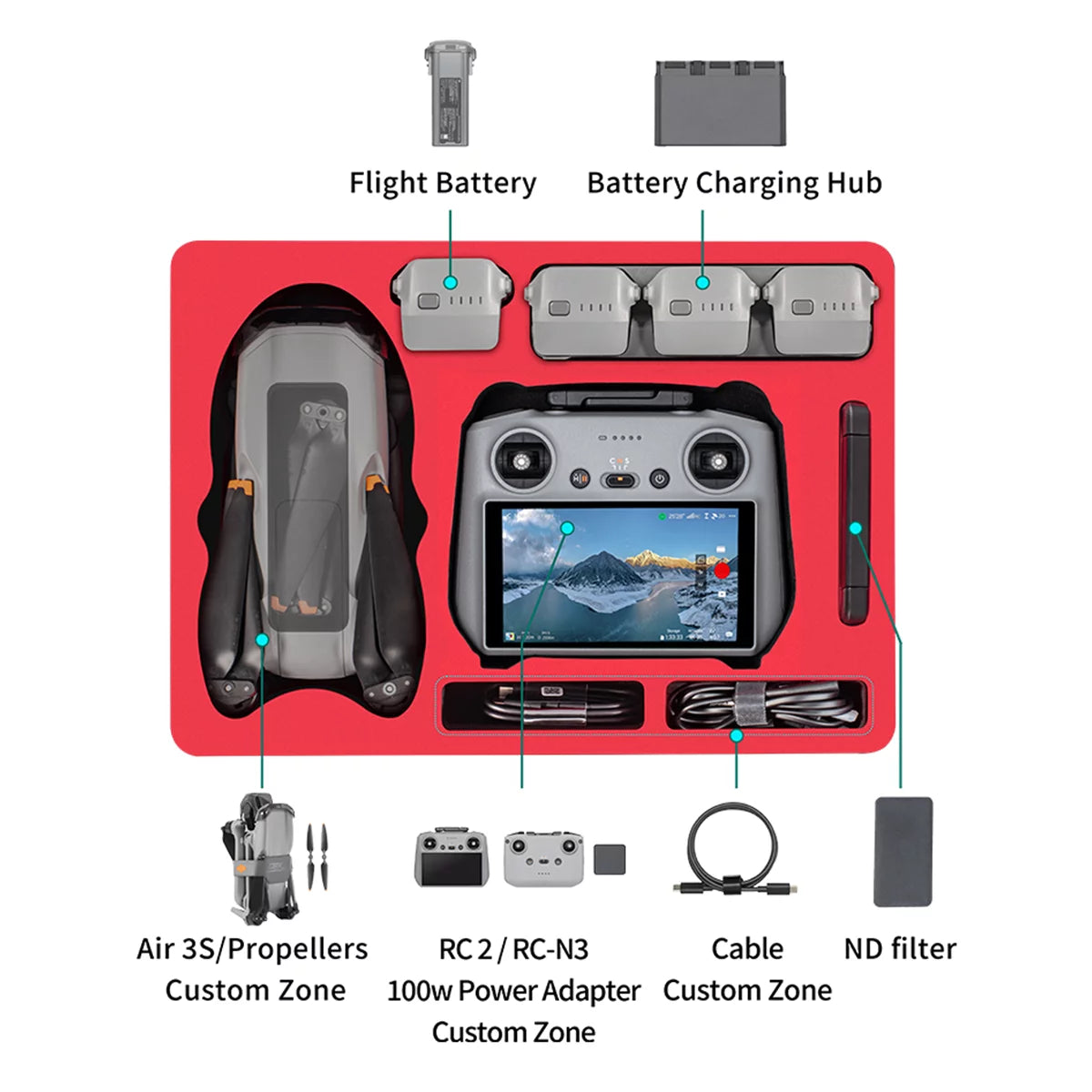 STARTRC DJI Air 3S waterproof hard case storage layout for Fly More Combo accessories
