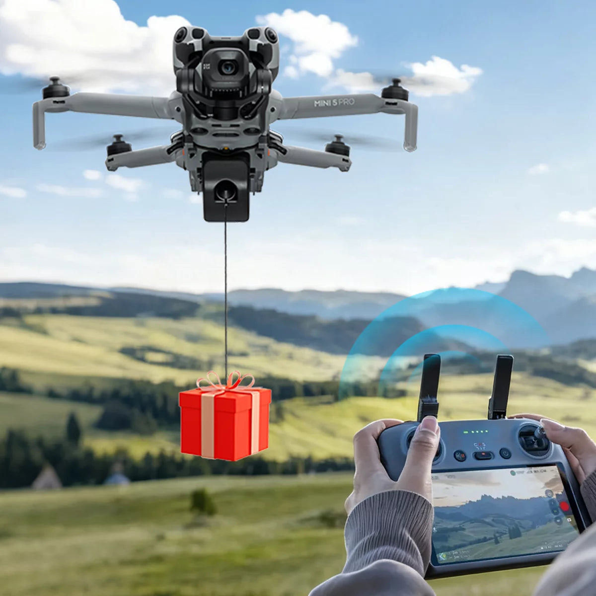 STARTRC 2-in-1 airdrop system and propeller holder installed on DJI Mini 5 Pro.