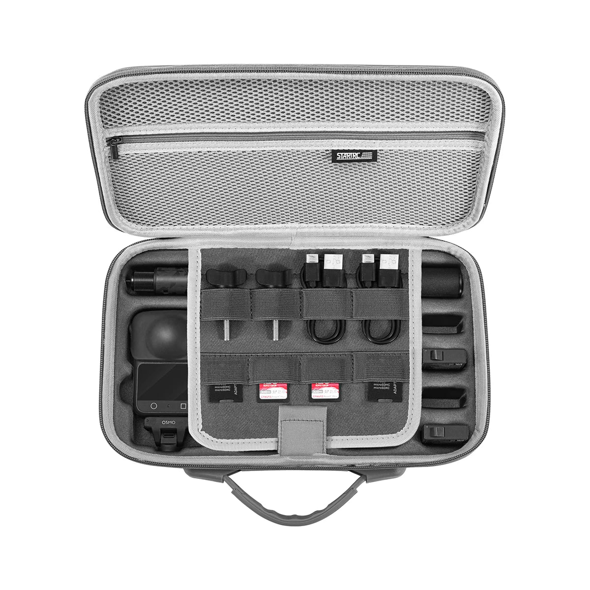 DJI Osmo 360 carrying case showing camera and accessory storage layout