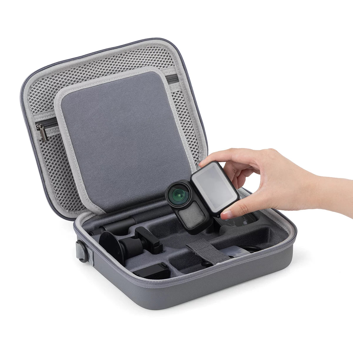 DJI Osmo Nano Creator Combo carrying case storage layout for camera mounts lanyard and selfie stick