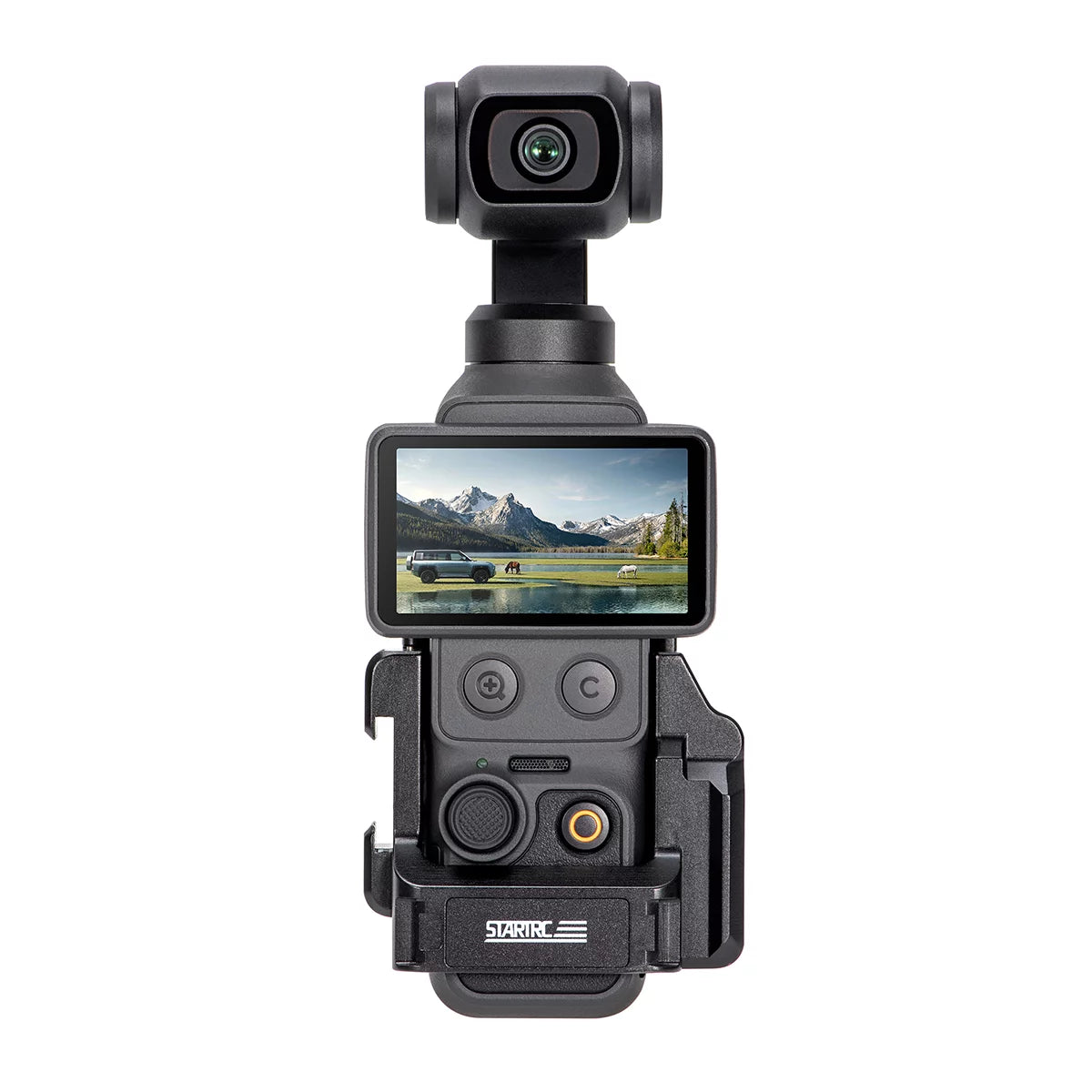 Front installed view of STARTRC metal cage on DJI Pocket 4