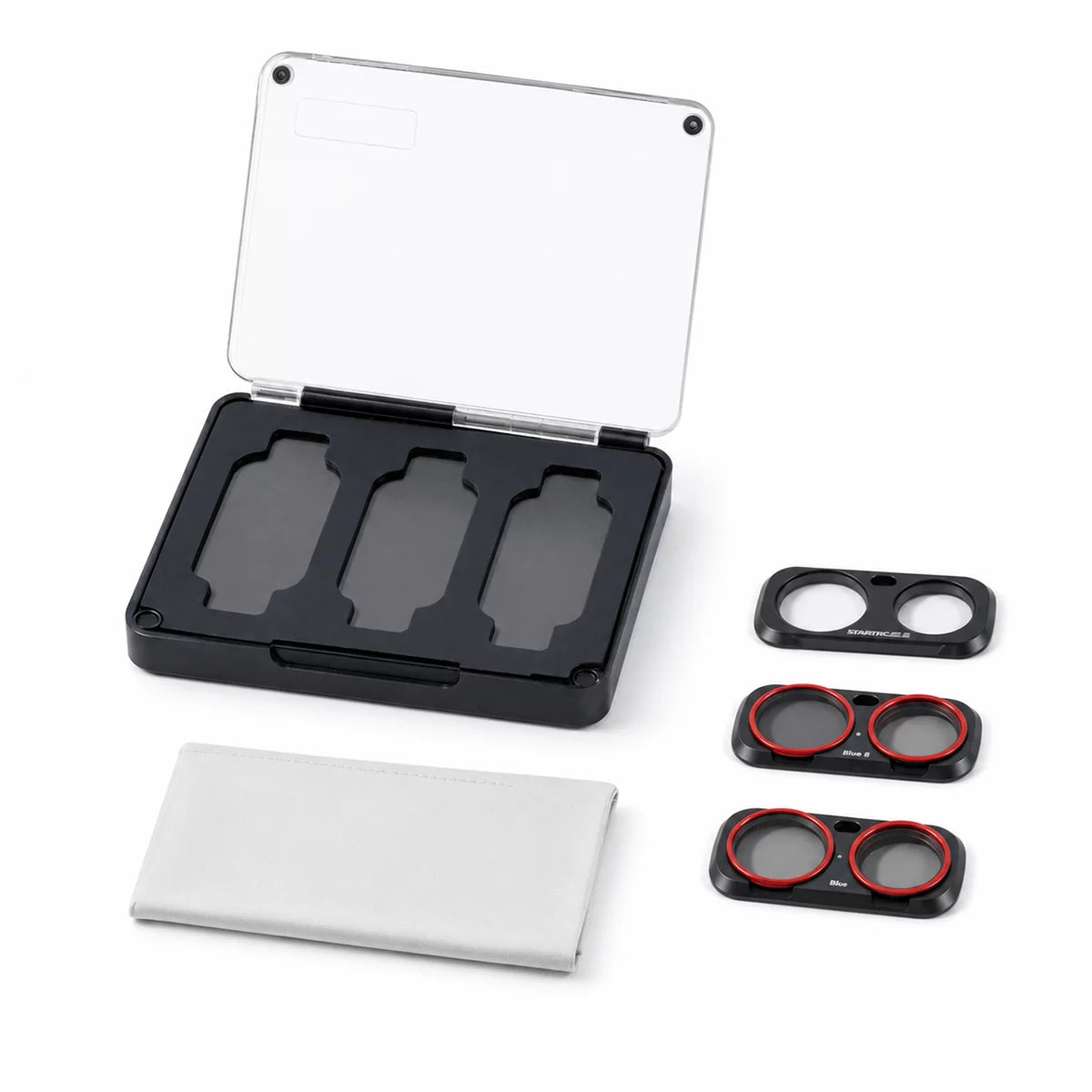 STARTRC Insta360 Luna Ultra filter set contents with three filters storage case and cleaning cloth